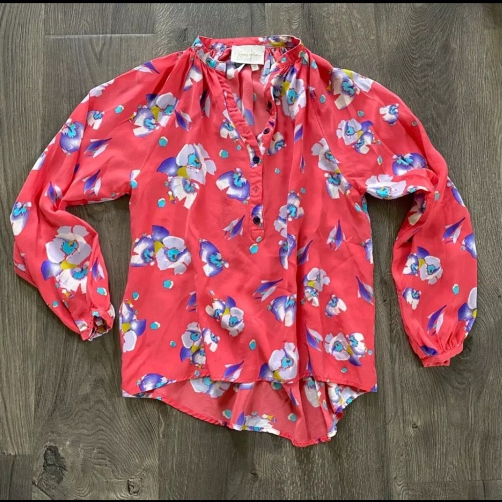 Yumi Kim Silk Floral Coral Pink Purple White Blue Yellow 3/4 Sleeve Blouse Top S