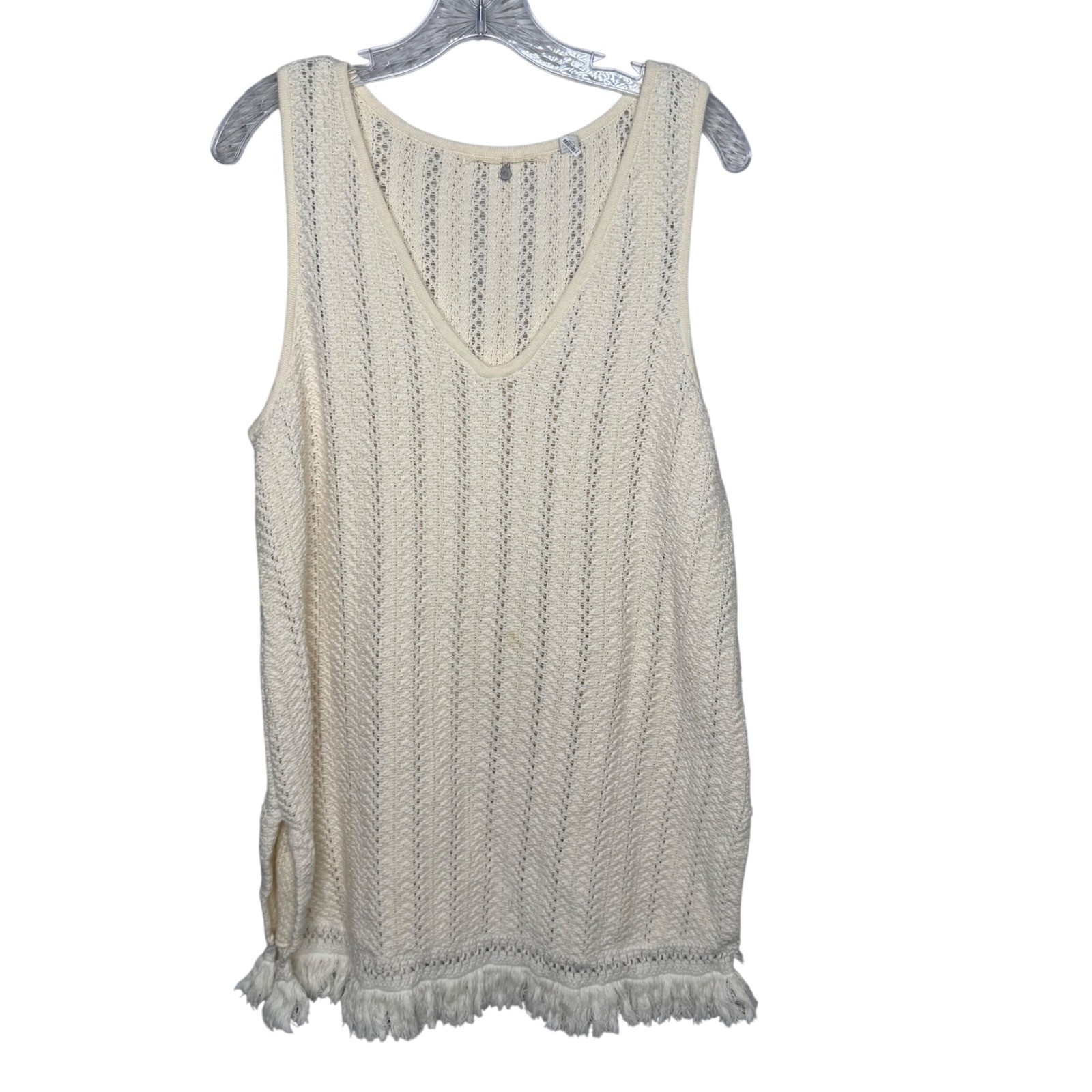 Knitted & Knotted Cream Crochet Knit Fringe Tunic Top Sweater Women’s L