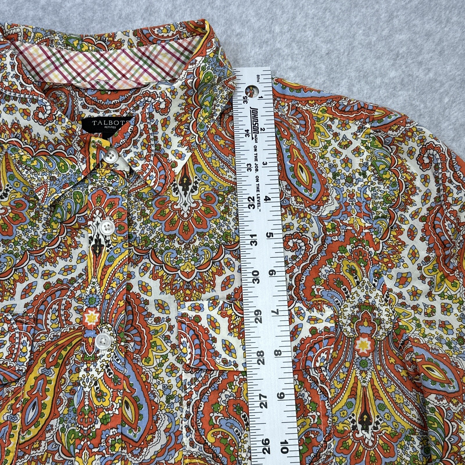 Talbots Top 10P Orange Paisley Roll Tab Flip Cuff Versatile Layer Everyday Wear