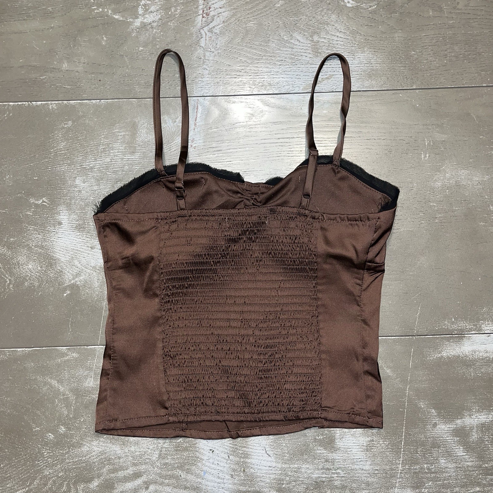 Thirty Thirty LA Brown Satin Black Lace Corset Button Top Padded NWT Small Tank