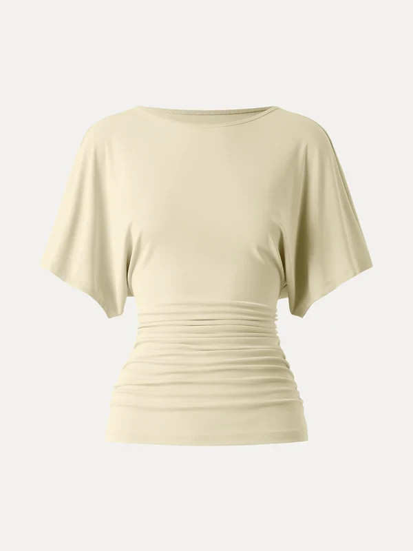 Women’s Boat Neck Batwing Sleeve Side Ruched Stretch Blouse Top,Yellow, Freeship