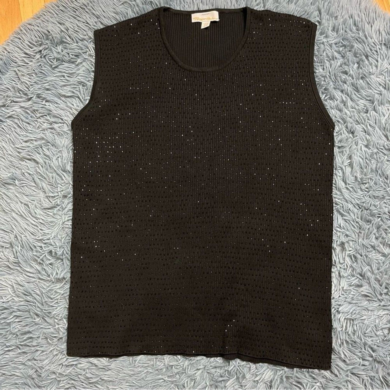 Peter Hahn Exclusive Embellished Beaded Ribbed Sleeveless Shell Top Size XL