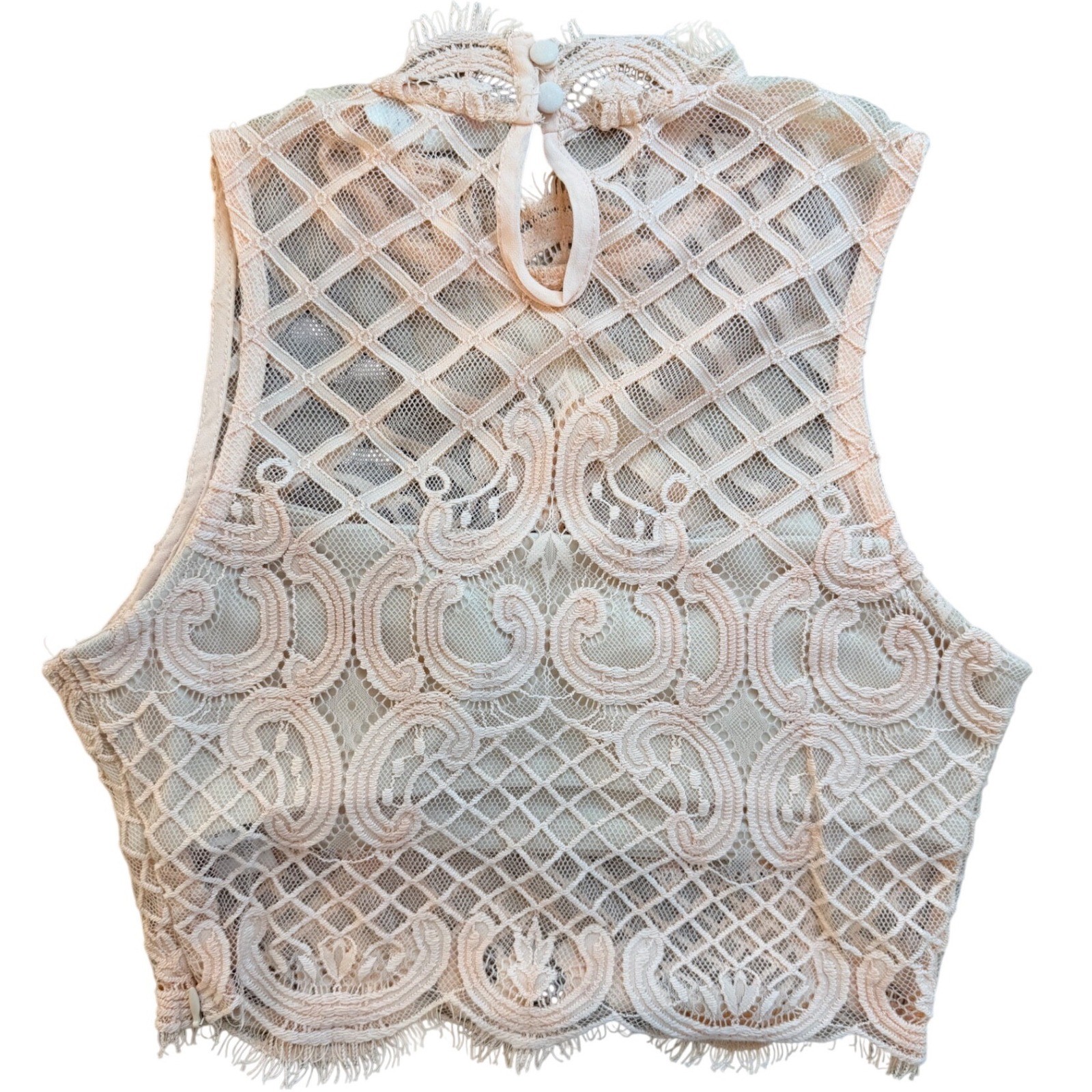 L’Atiste Peach Lace Crop Top Mock Neck Sleeveless Sm 90s Y2K Fairy Wedding