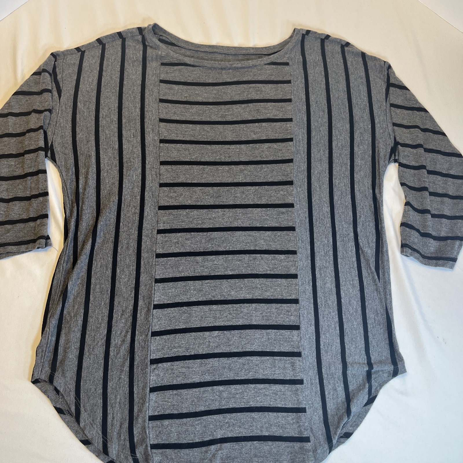 Loft Womens Gray Shirt Size Small Black Stripes Long Sleeve 3/4 Sleeves