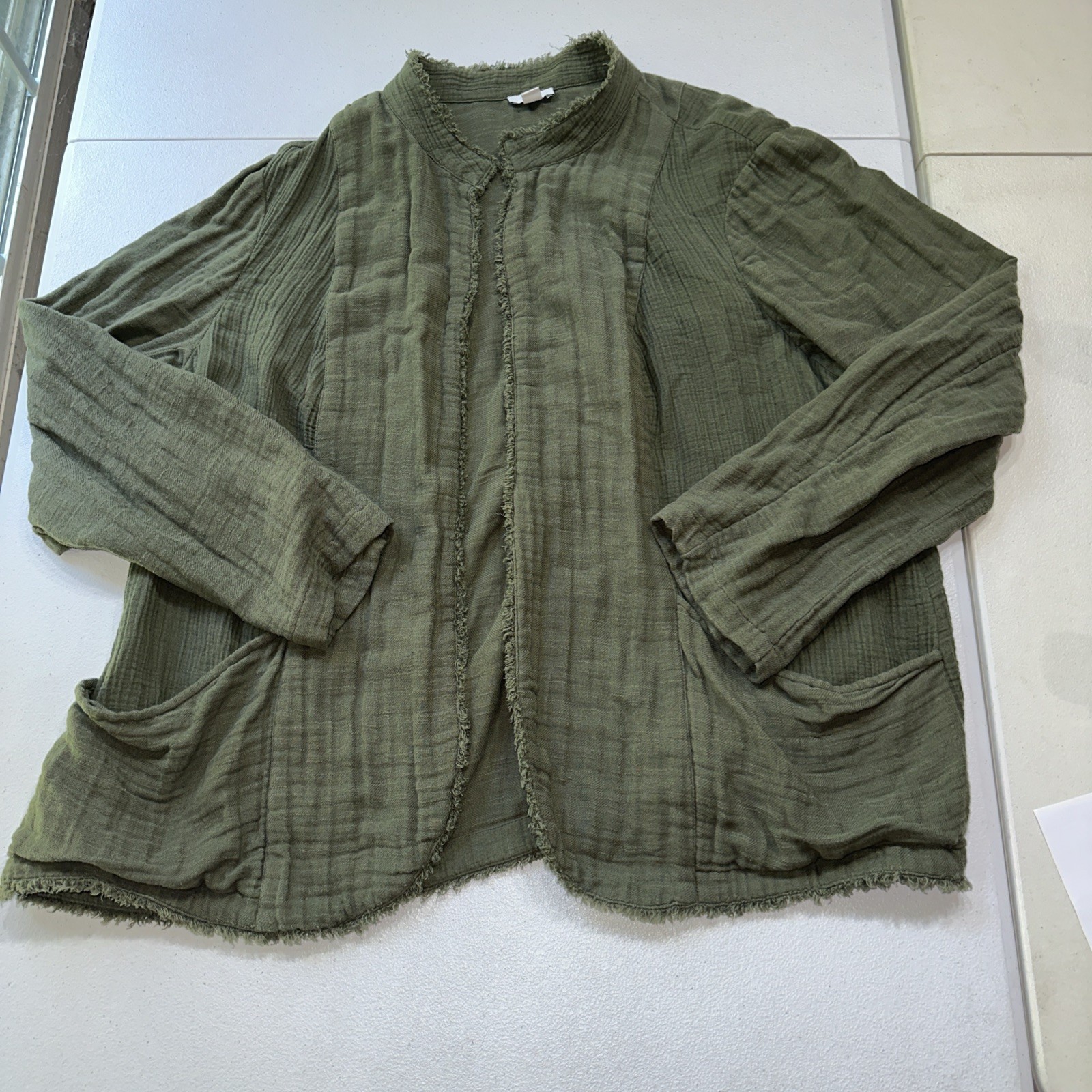 Pure Jill Open Front Cardigan Jacket 2X Olive Cotton Gauze Crinkle Lagenlook