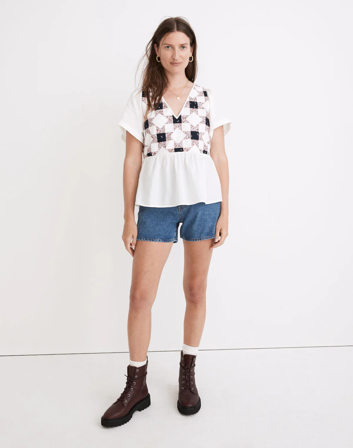 Madewell Blouse Womens Small White Quilted Patchwork Peplum Short Sleeve Top