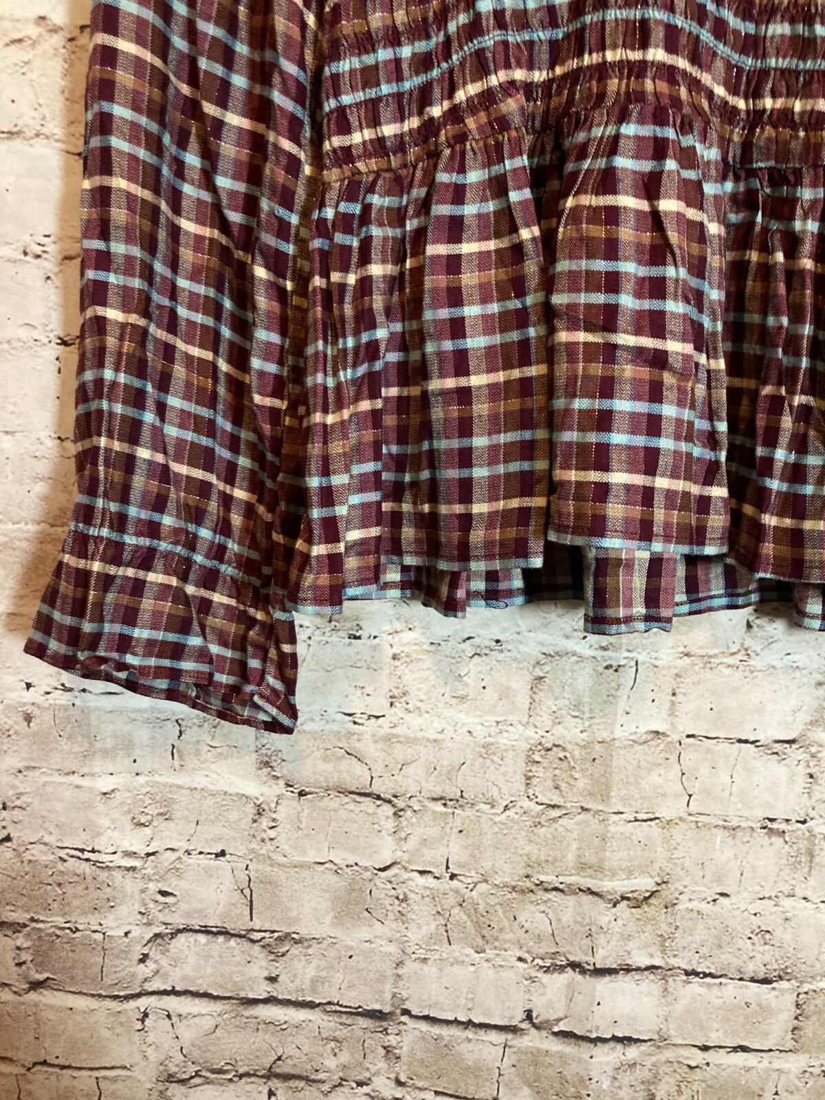 Cato Babydoll Top Womens Medium Maroon Red Plaid Smocked Flared Sleeve Flowy