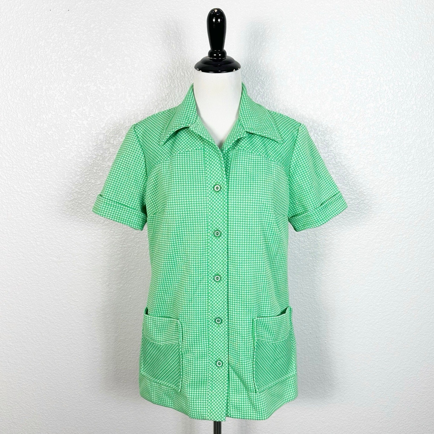Vintage 70s Pykettes Sz L Green Houndstooth Mod Dagger Collar Button Down Shirt