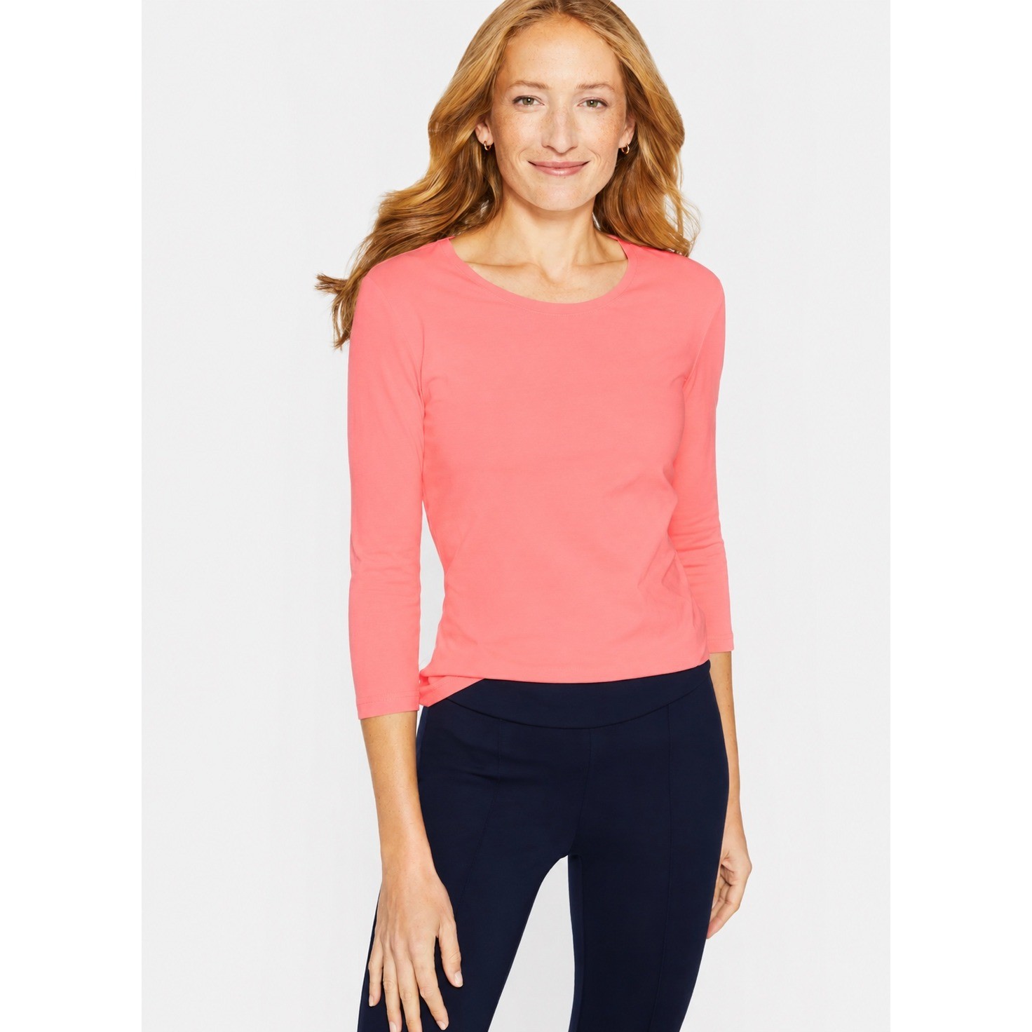 J McLaughlin Coral Pink 3/4 Sleeve Crewneck Knit Top Slim Fit Casual Tee S NWOT