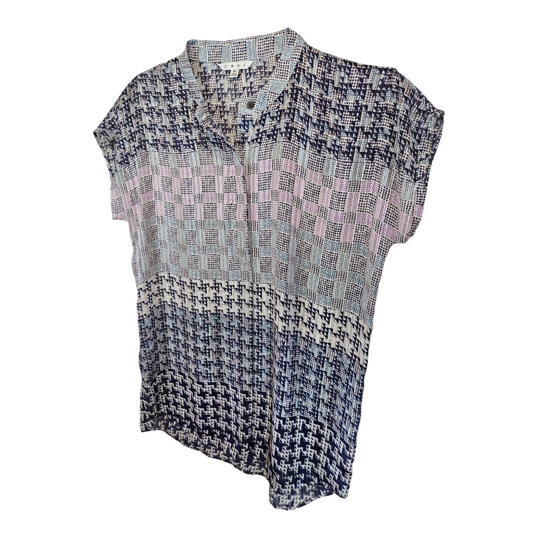 Cabi Manderin Colar Blue & Purple Short Sleeve Crinkle Blouse Size M