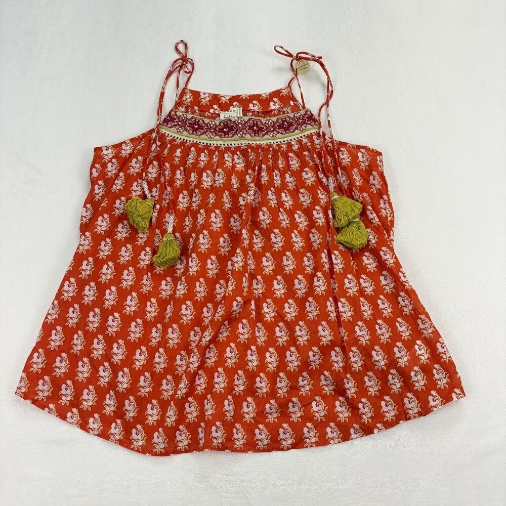 Nicole Miller Red Floral Tassel Smocked Tank Top M