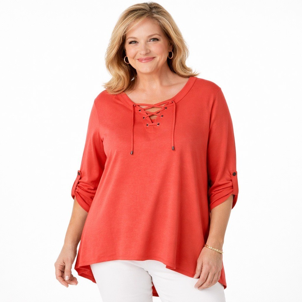 Ruby Rd Petite XL Coral Lace-Up Tunic Top Hi Low Hem Roll Tab Sleeves
