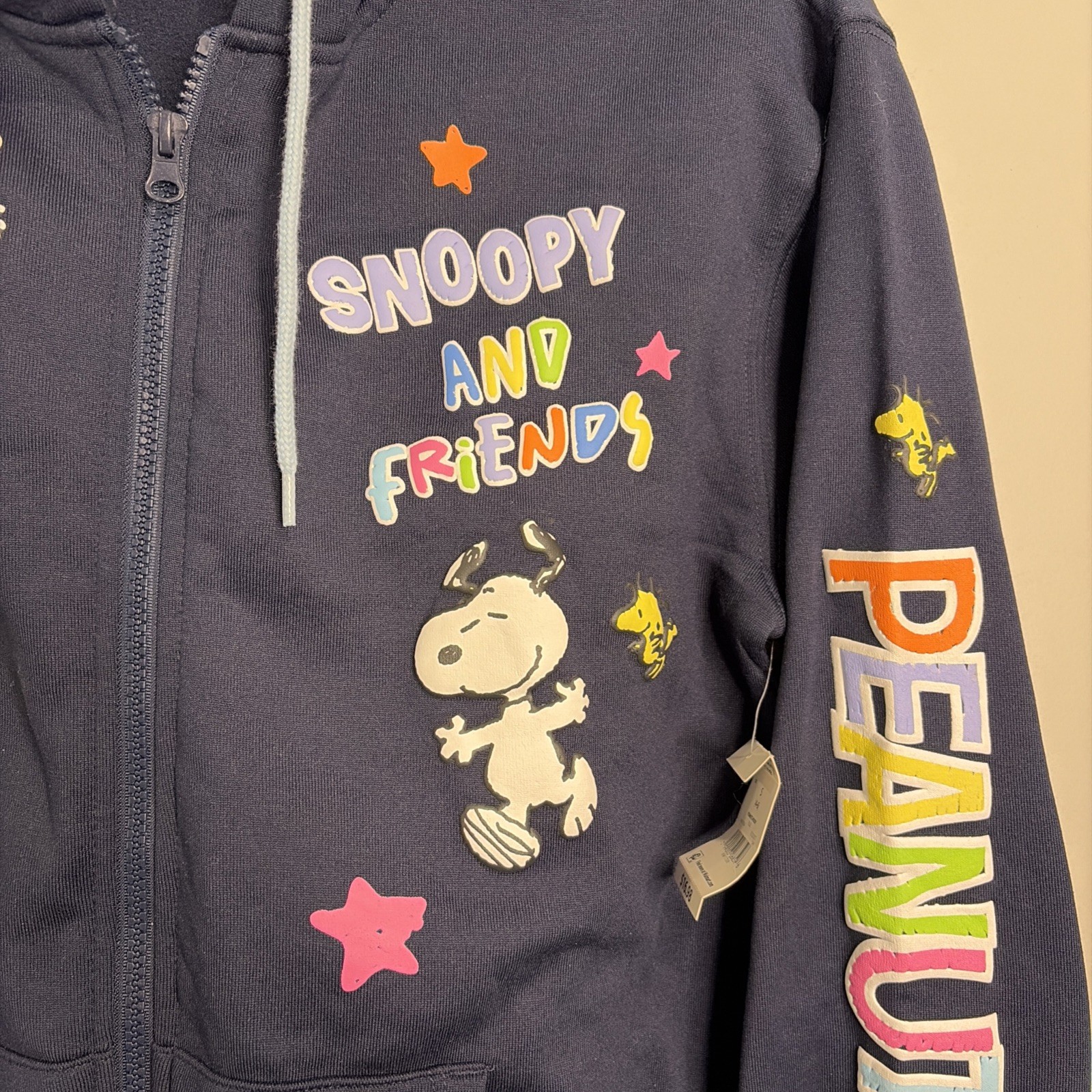 Peanuts Snoopy and Friends Zip Up Hoodie Womens S Navy Blue Puffy Graphics NEW