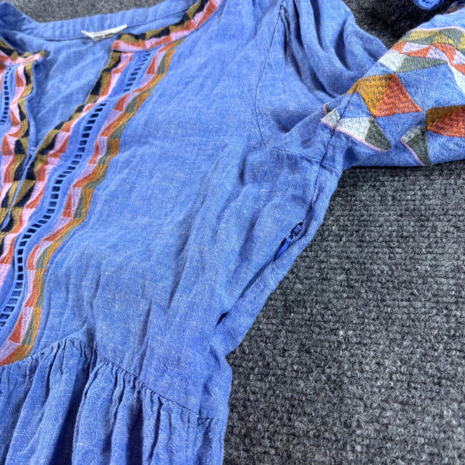 A Loves A Peplum Blouse Womens Medium Blue Embroidered Linen Blend Boho Top