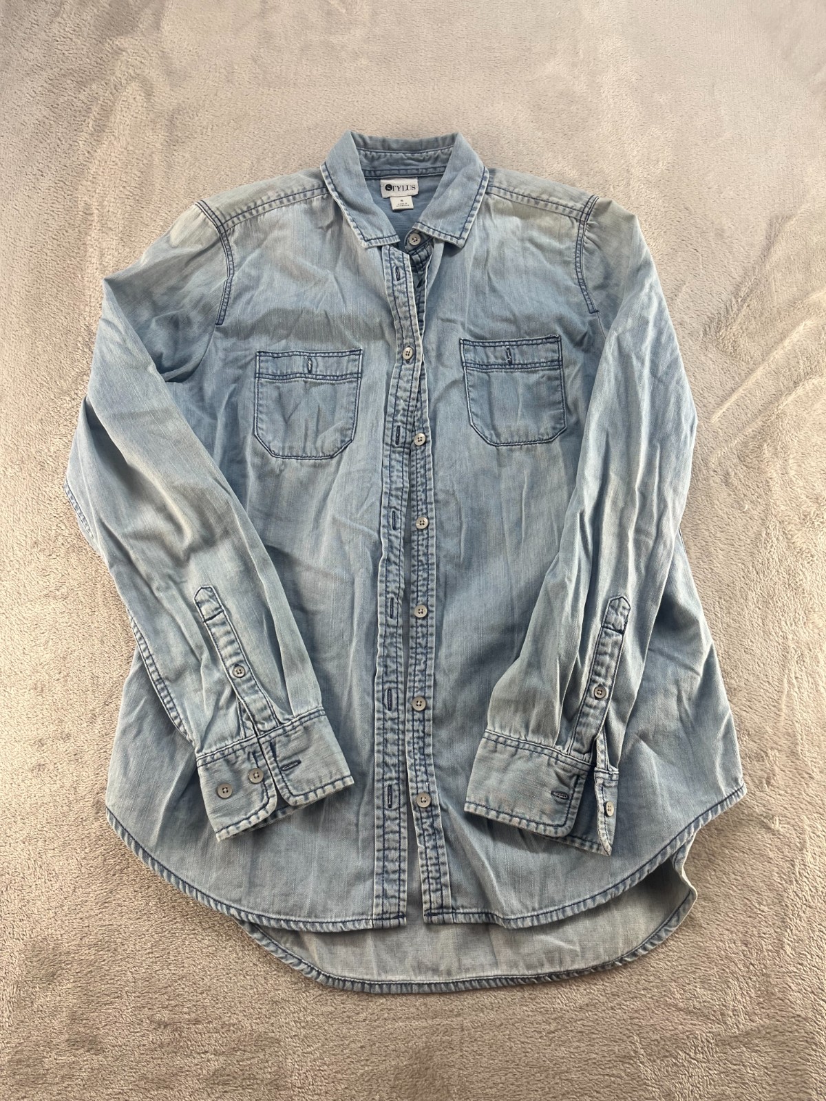Stylus Denim Shirt Womens Button Up Small Pockets Casual Blue 100% Cotton