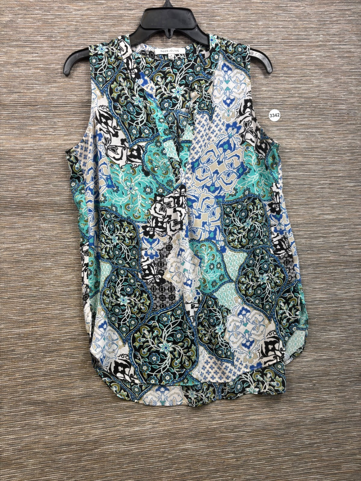 Rose & Olive Floral Blouse Womens Size M Black Multicolor Sleeveless V-Neck Boho