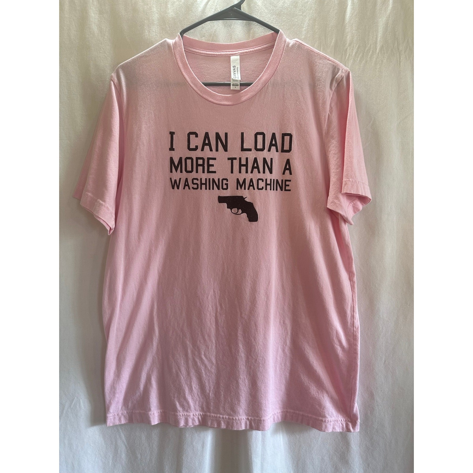 Pink Graphic Tee “I Can Load More Than a Washing Machine” (Size L)