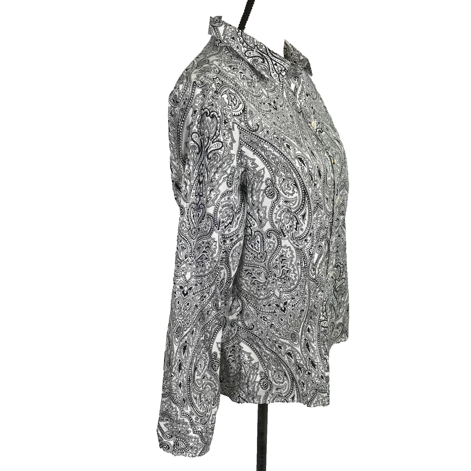 Talbots Wrinkle Resistant Button Up Shirt Size 14 Petite Black White Paisley