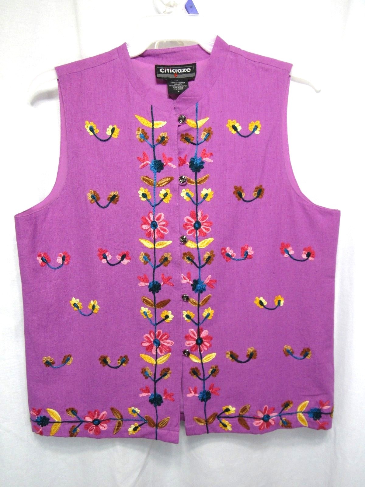 Citicraze Top Size L Purple Floral Embroidery Button Front Sleeveless Casual