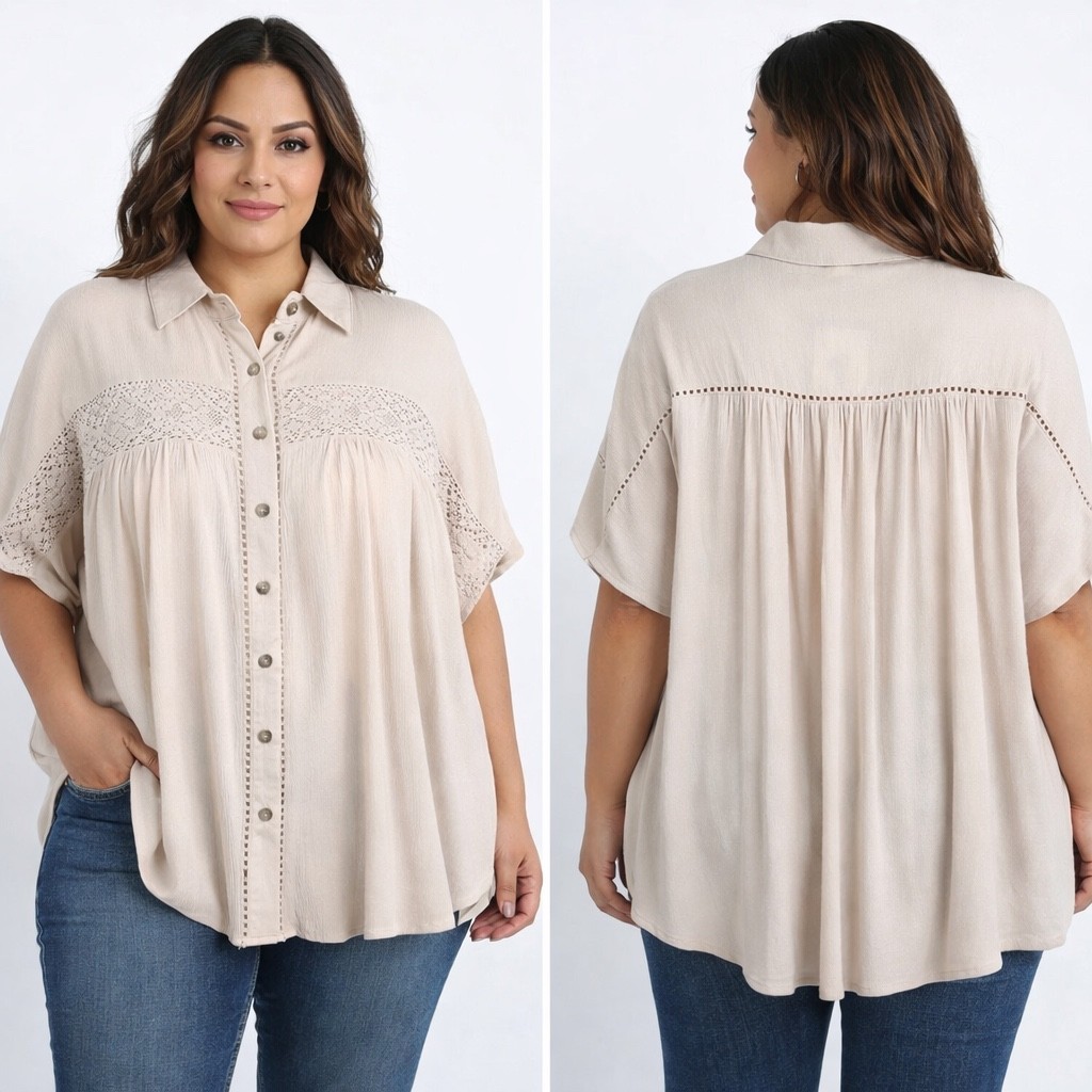 GeeGee Crochet Lace Button Up Shirt Beige Boho High Low Rayon Sz M NWT Oversized