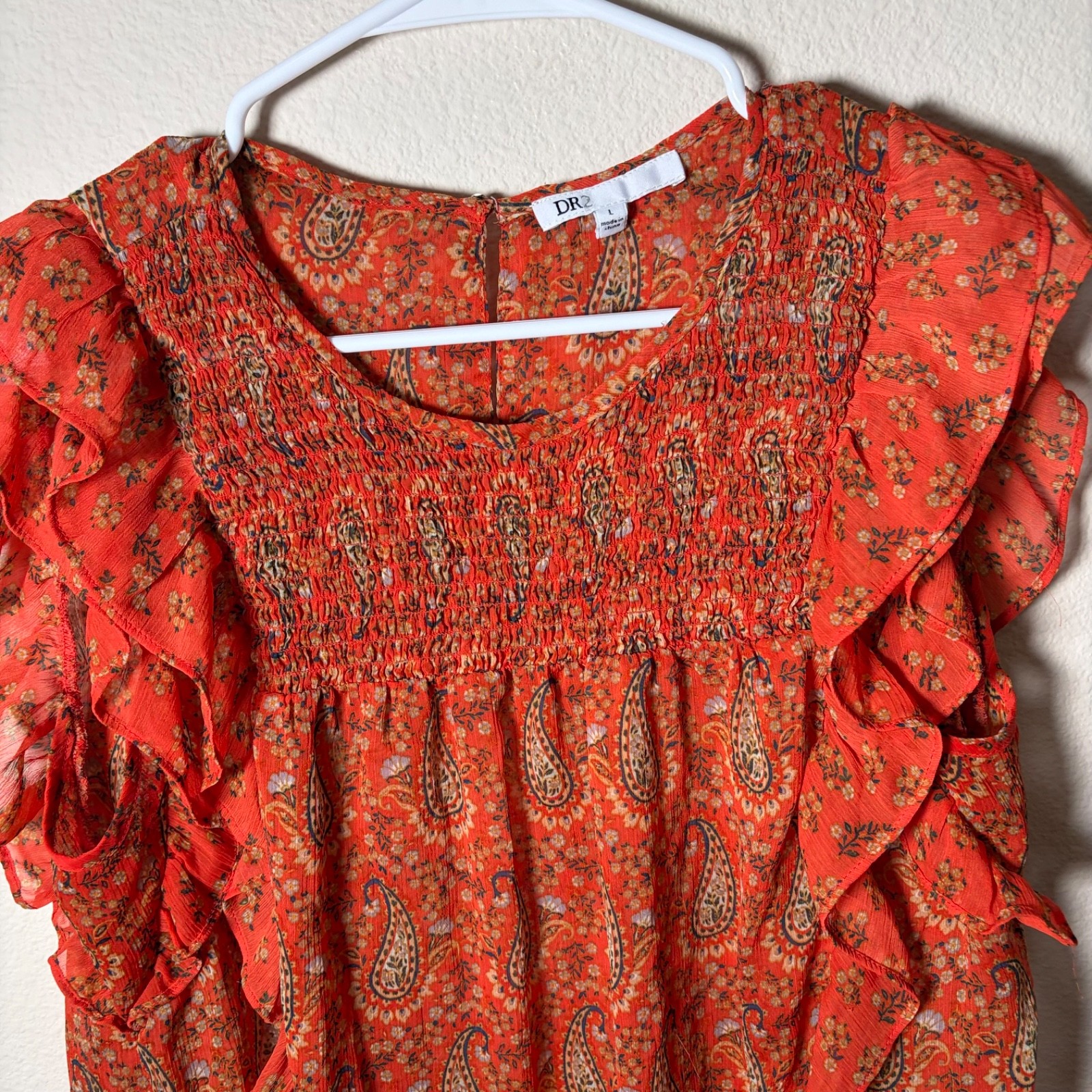 Dr2 Blouse Women’s Large Ruffle Short Sleeve Sheer Printed Paisley Top
