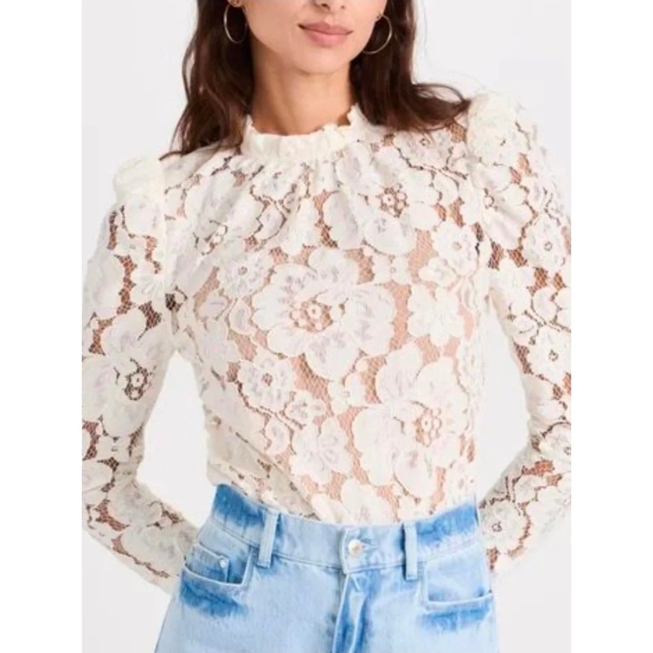 WAYF Ivory Floral Lace Mock Neck Ruffle Tie Back Top Gold Button Cuffs XXS NEW