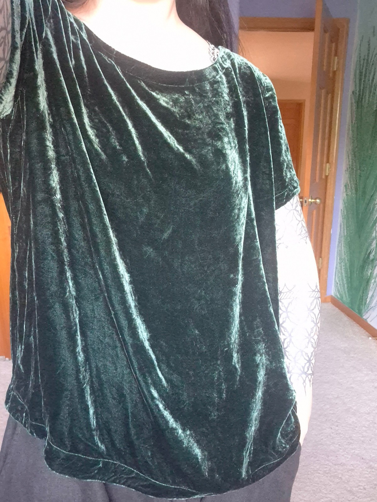 Eileen Fisher Silk Rayon Velvet XL Bateau Neck Short Sleeve Top Pine Green