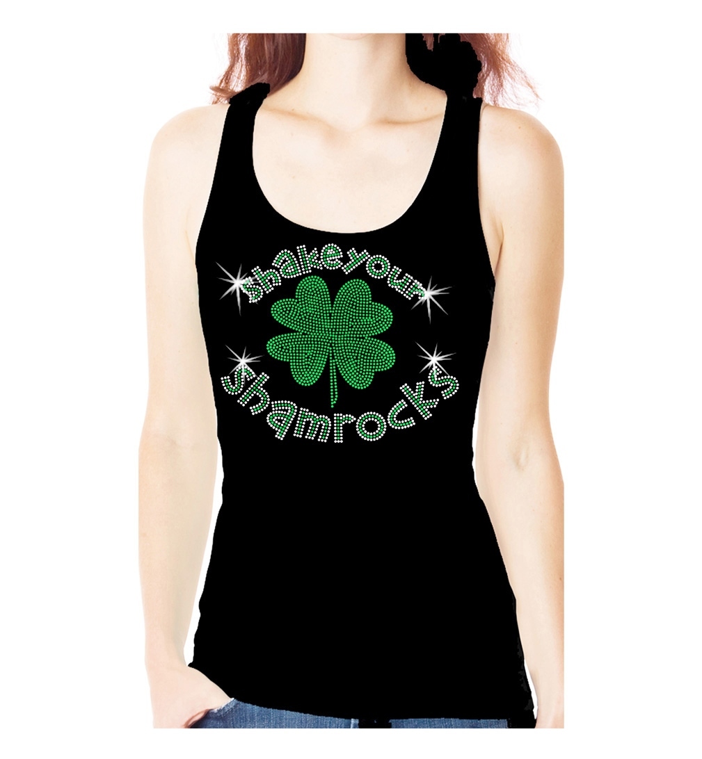 SHAKE YOUR SHAMROCKS RHINESTONE ST PATRICKS DAY TANK TEE SHIRT