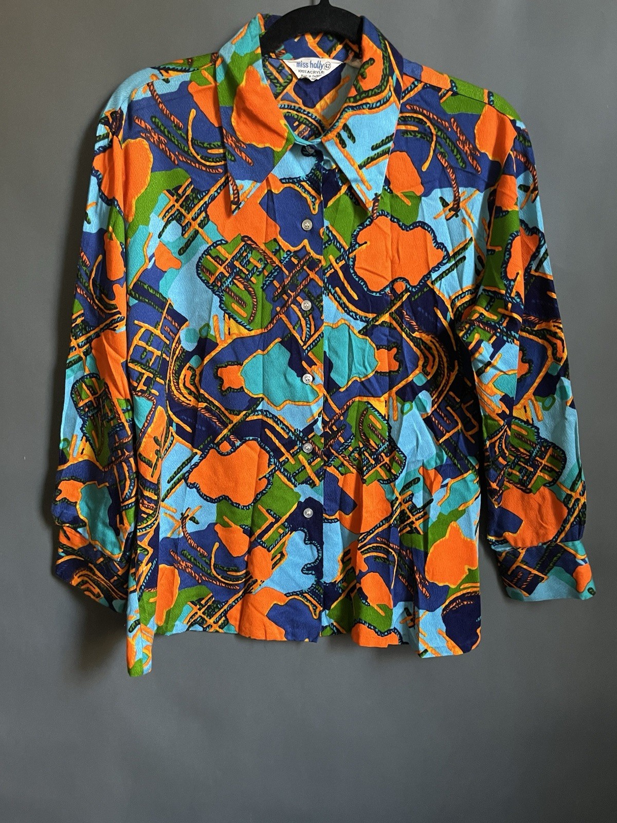 1970s Miss Holly Printed Button up Shirt | Funky Mod Blouse | Modern size L/XL