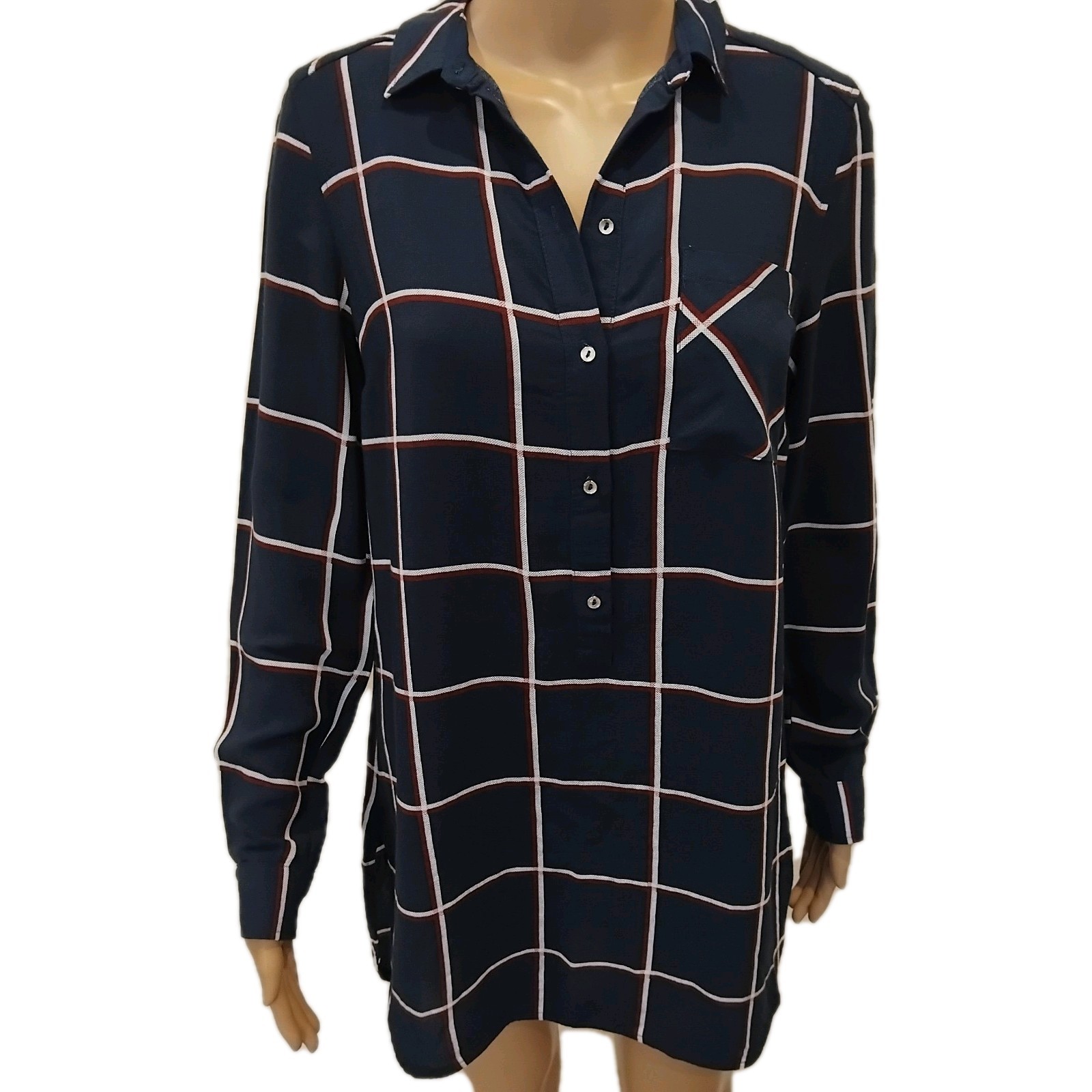 M&S Collection Collared long length Shirt Blouse Size 10 Navy Red White