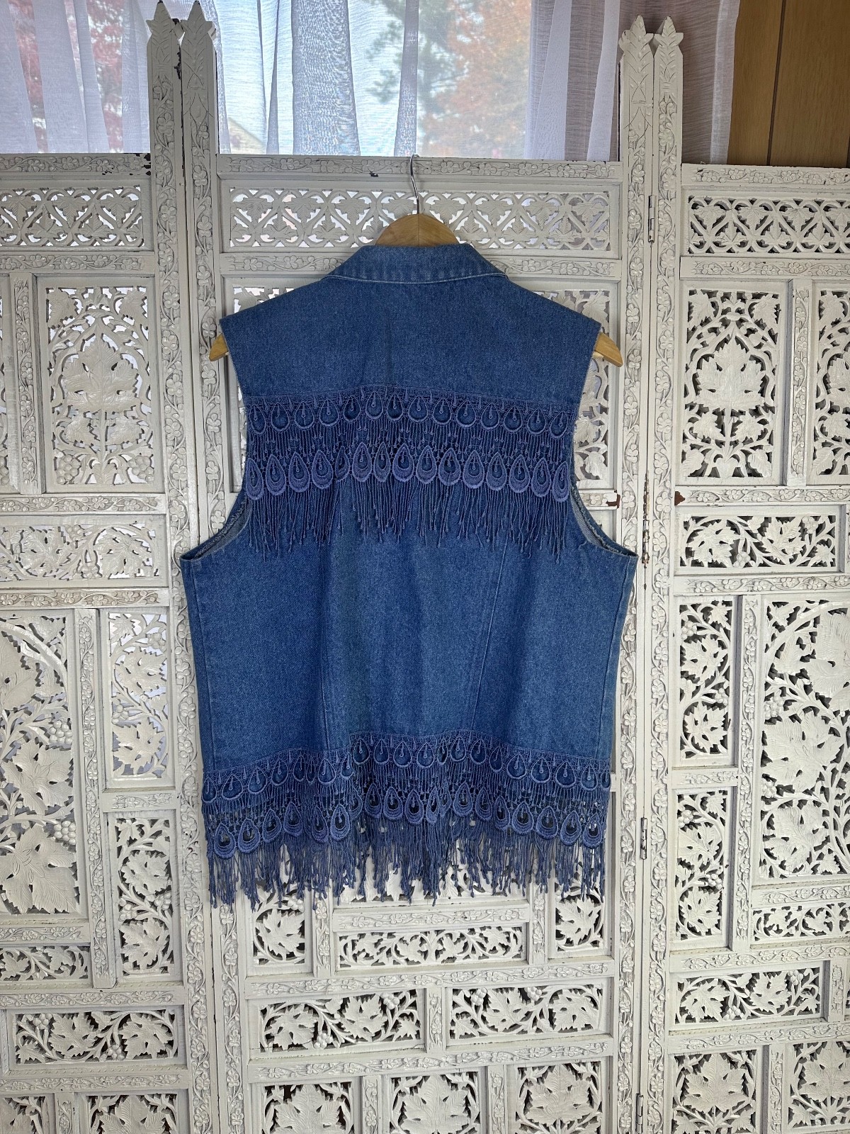 Vtg Denim Lace Fringe Western Boho Button Up Sleeveless Vest Sz XL