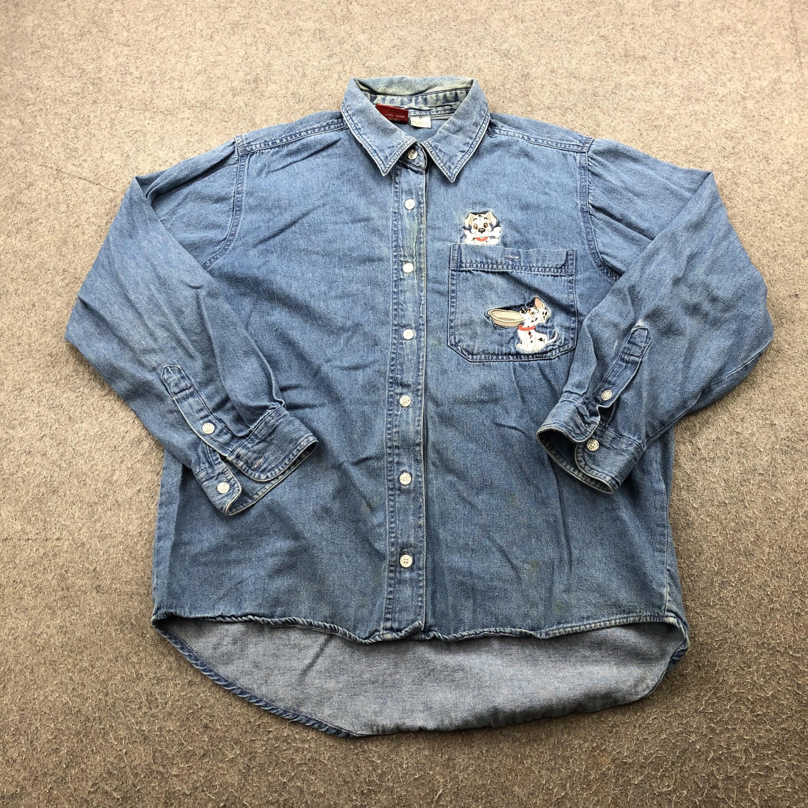 Vintage Disney 101 Dalmatians Shirt Women Medium Blue Denim Embroidered Dogs 90s