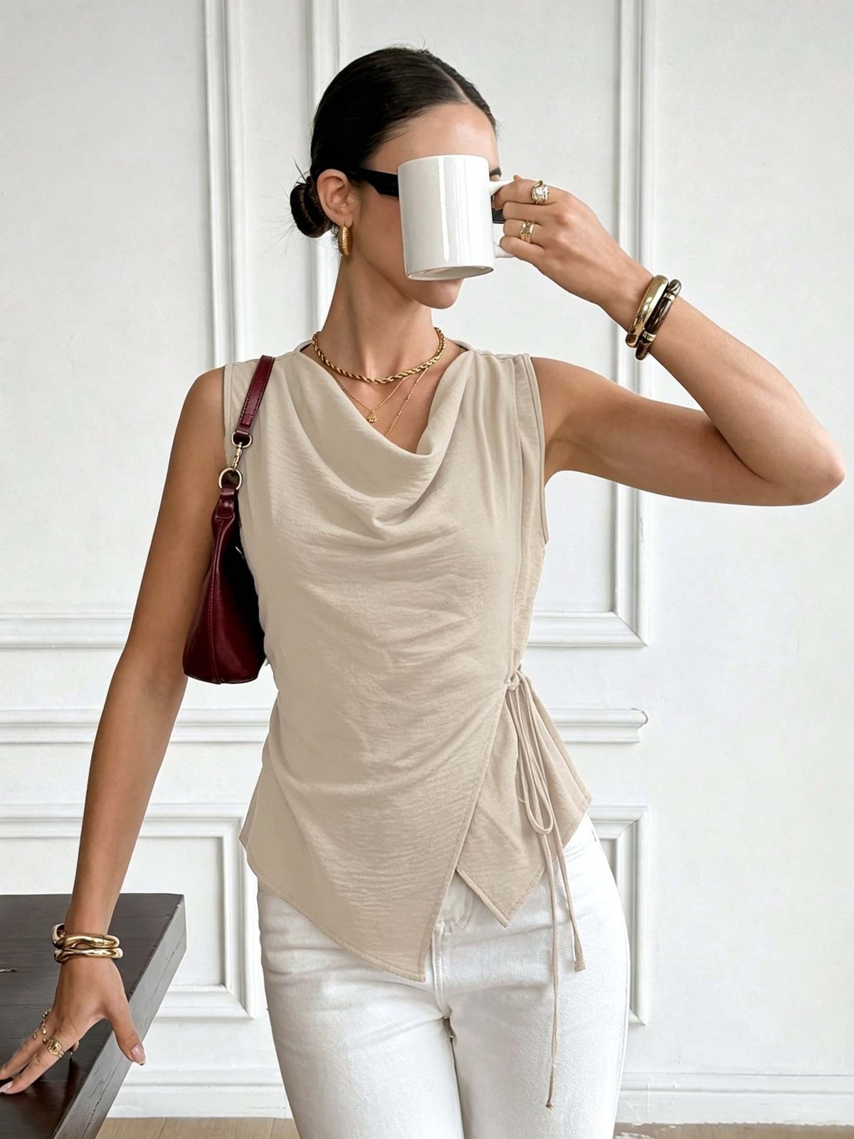 Women Khaki Sleeveless Cowl Neck Ruched Tank Top Casual Shirt S M L XL