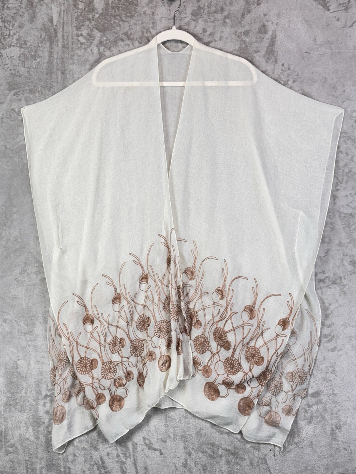 Boho Kimono One Size Cream Embroidered Flowers Lightweight Coverup