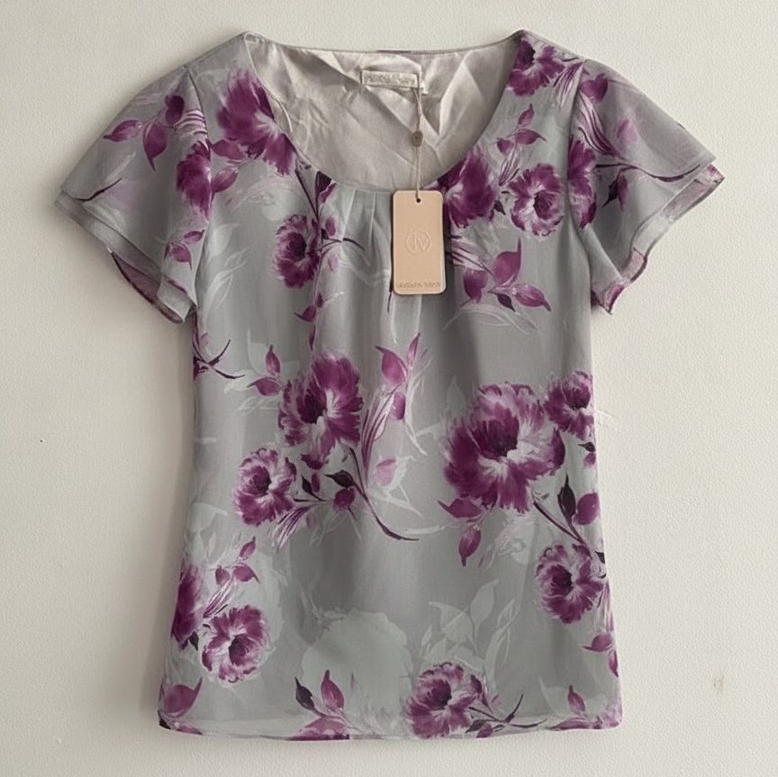 Jacques Vert Floral Blouse Top UK 12 Grey Purple Occasion Short Sleeve BNWT