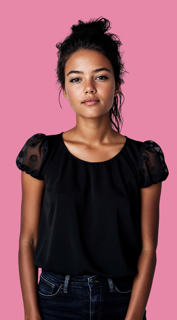 Retrology Black Short Sleeve Blouse with Sheer Polka Dot Puff Sleeves Size PS