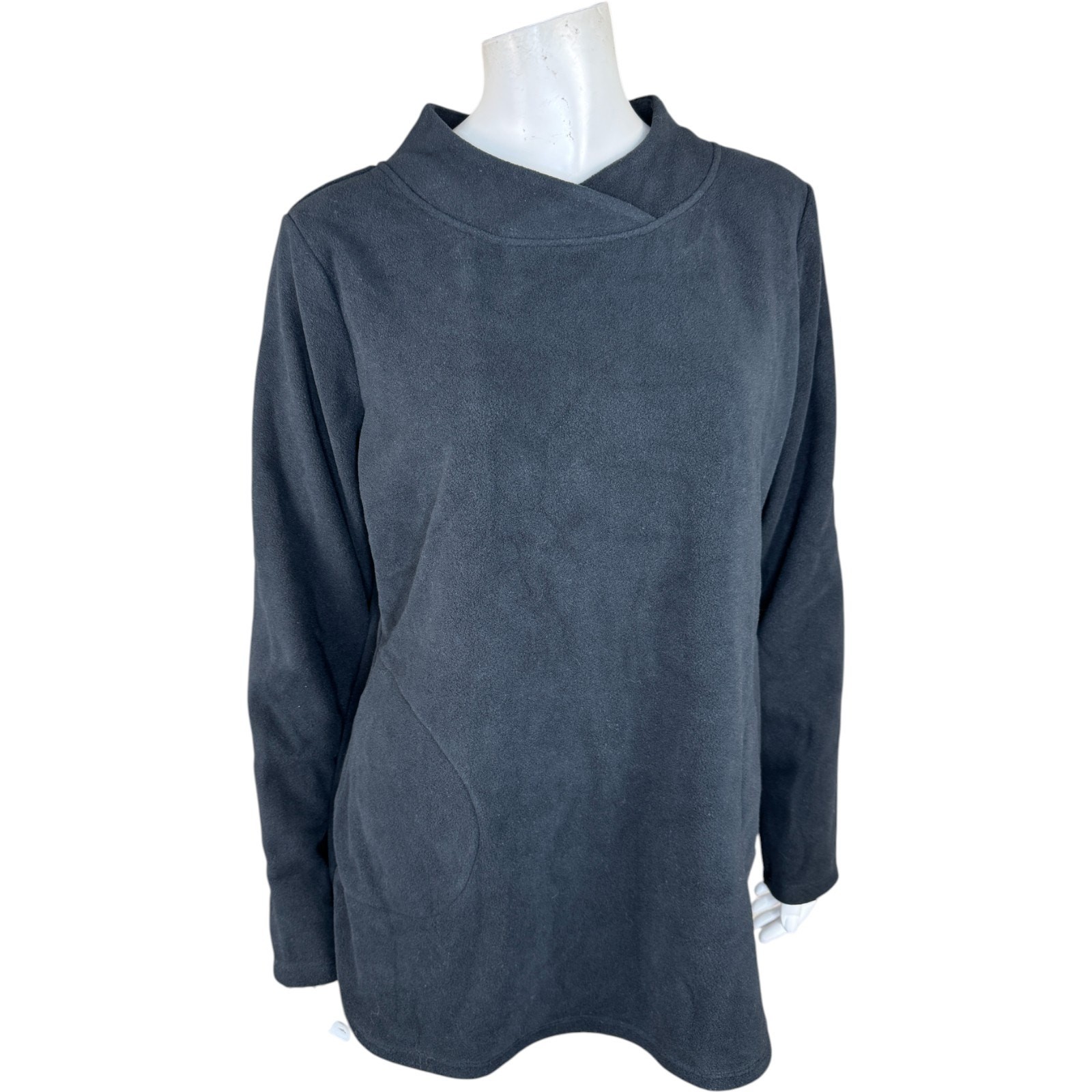 Denim & Co. Regular Fleece Crossover Neck Long Slv Tunic w/ Dolphin Hem Black S