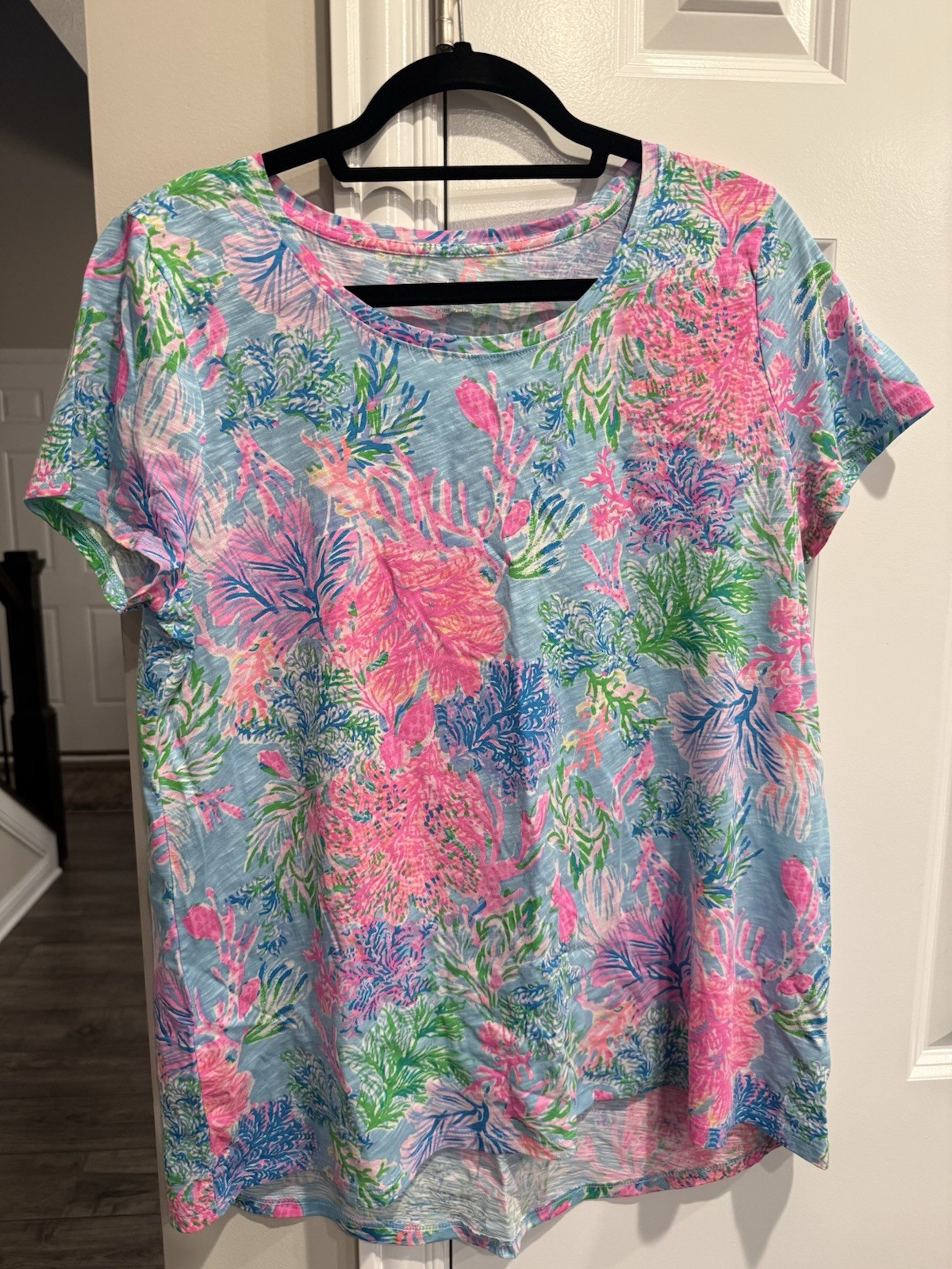 Lilly Pulitzer Etta Top L Blue Coral Reef Print Pima Cotton Style 004651