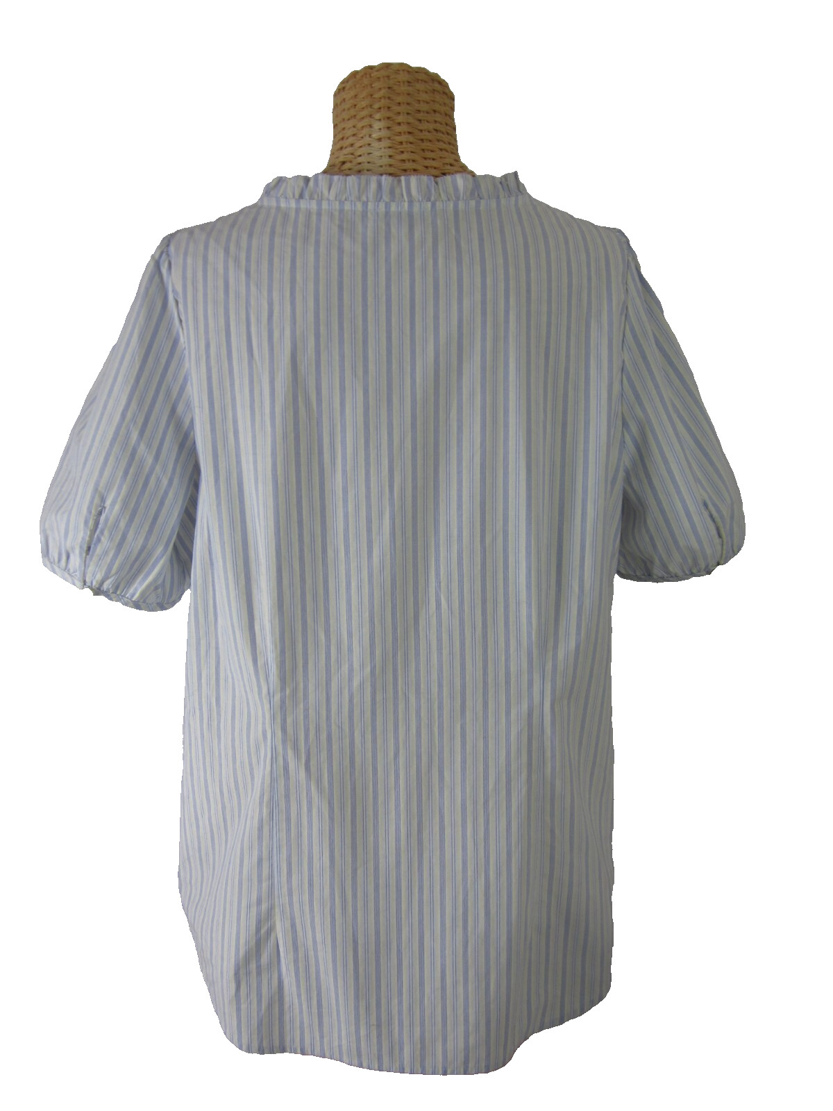 Talbots Womens L Blue White Yellow Striped Ruffle SS Blouse Peasant Shirt Cotton