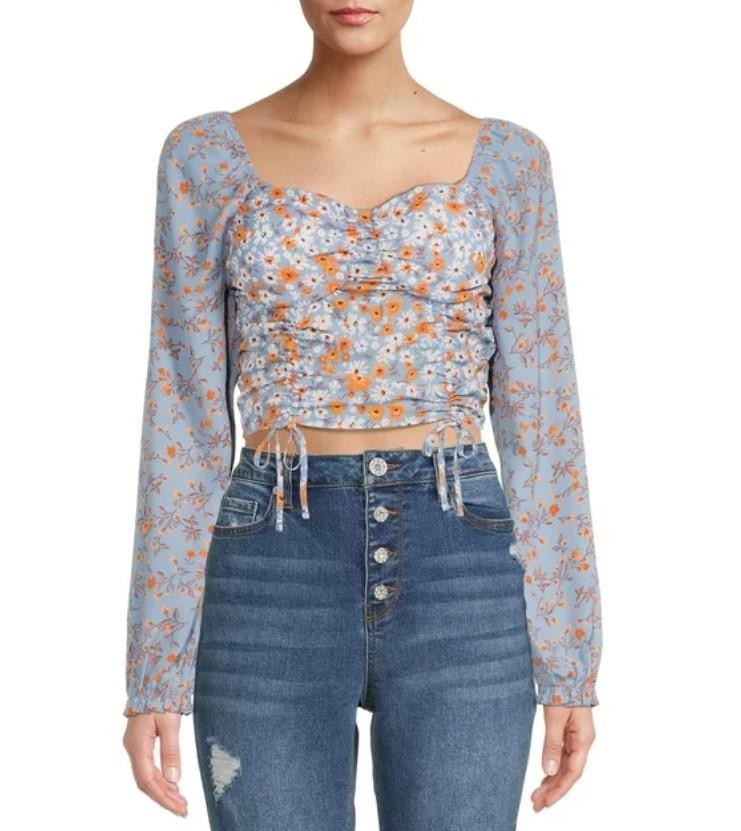 Blue Floral Sz Jr XL Cropped Smocked Padded Long Sleeve Shirt MADDEN NYC