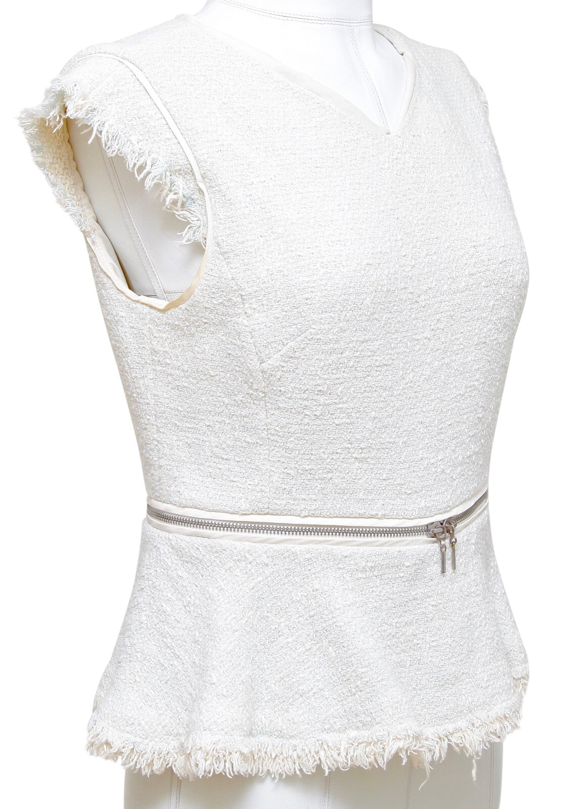 REBECCA TAYLOR Top Sleeveless Shirt Tweed Light Blue Ivory Fringe Zipper Sz 8