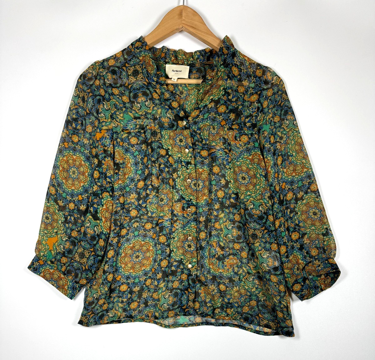 Artlove Paris Blouse 36 Blue Green Paisley Floral Sheer Button Up Ruffle Neck