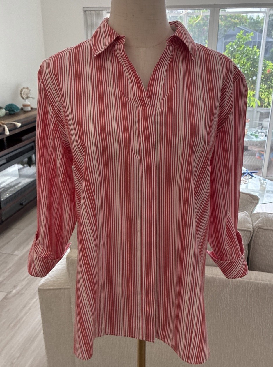 Chico’s Sz. L -2 Red/White No-Iron 3/4 Cuff Sleeve Button-Up Shirt Classic