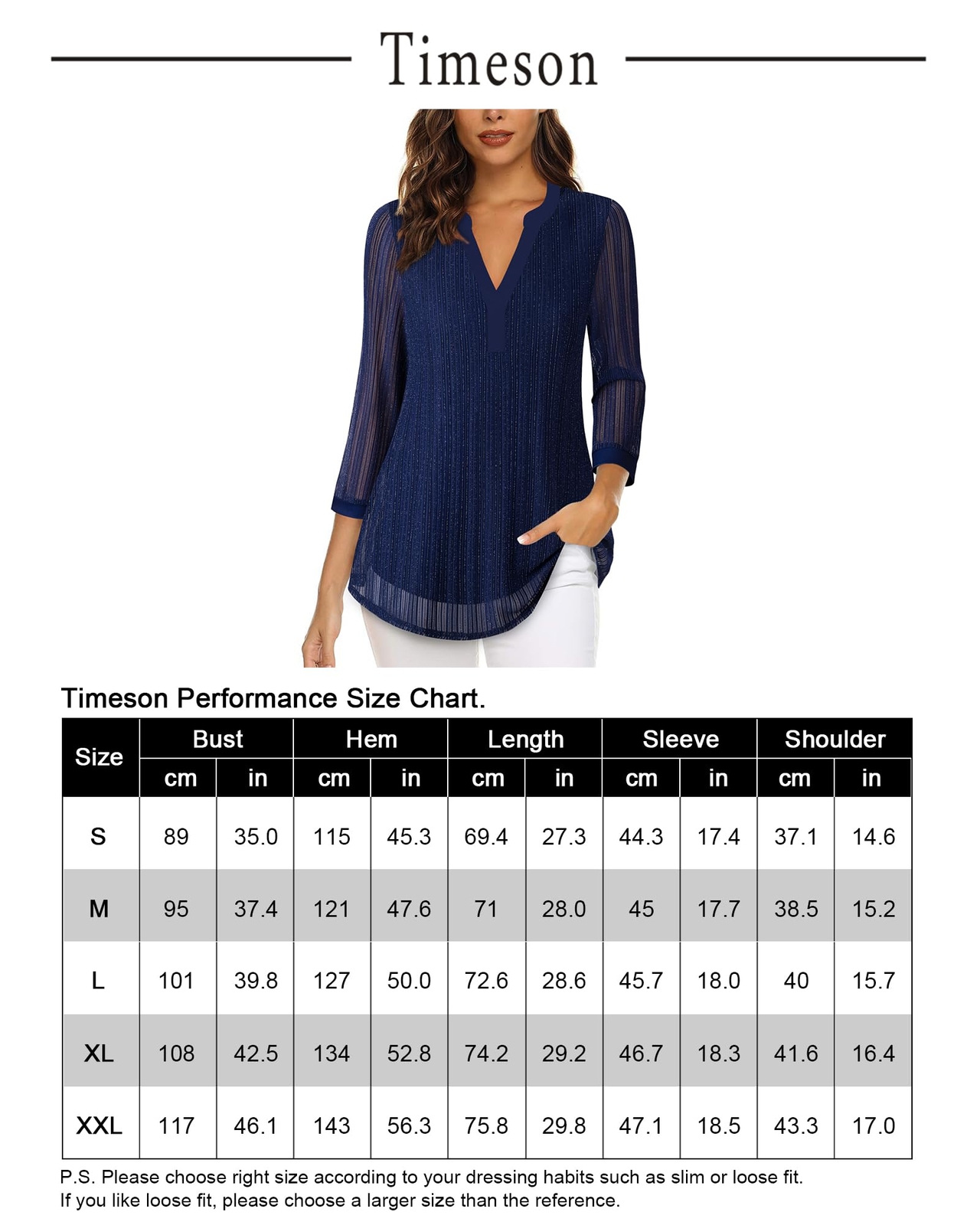 Timeson Work Blouses Dark Blue Dress Shirt Formal Business Blouse Blue M
