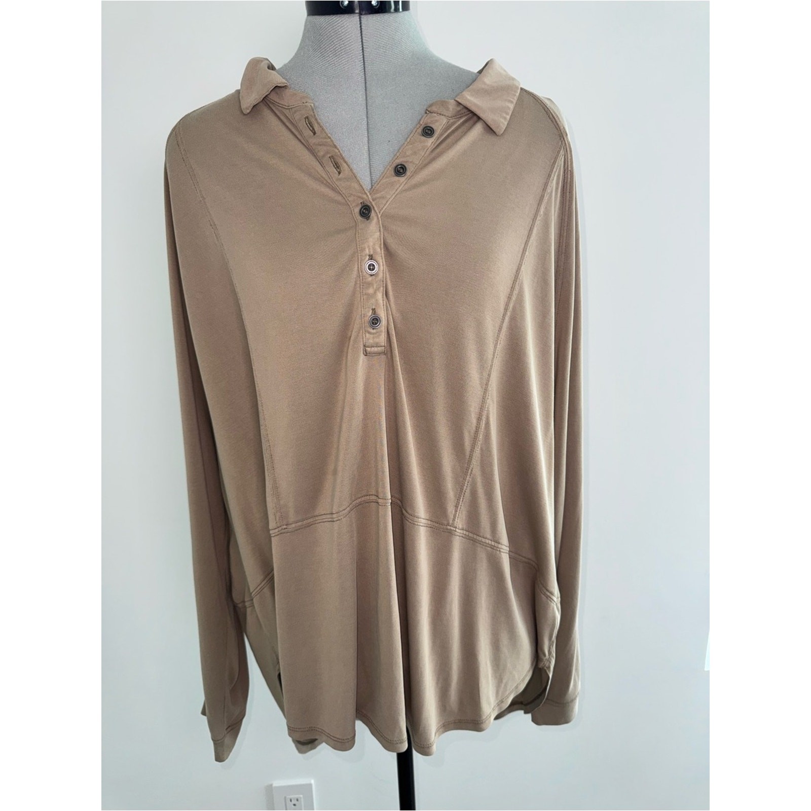 Free People Taupe Long-Sleeve Button Henley Top