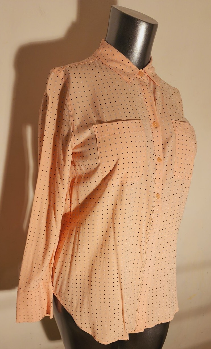 Womens CHICO’S blush pink peach and black polka dot blouse sz 1 8/10