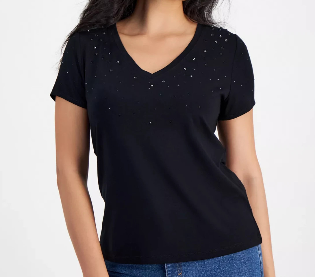 NWT! MACY’S INTERNATIONAL CONCEPTS BLACK SEQUINED TOP ~ PET/SMALL, BUST TO 34″