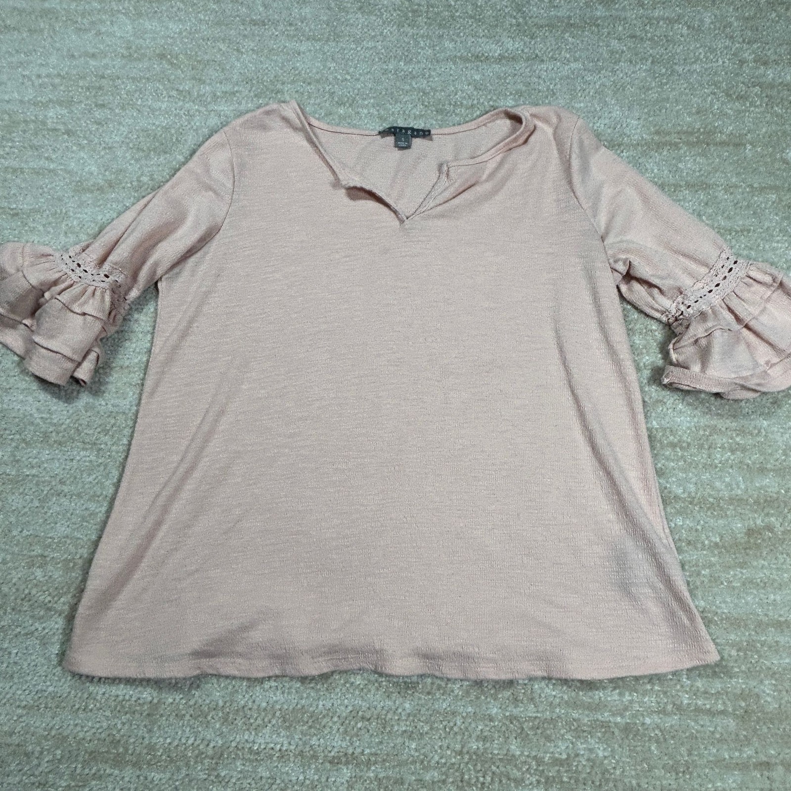 Sharagano Top Womens S Pink Ruffle Bell Sleeve Notch Neck Casual Blouse Soft