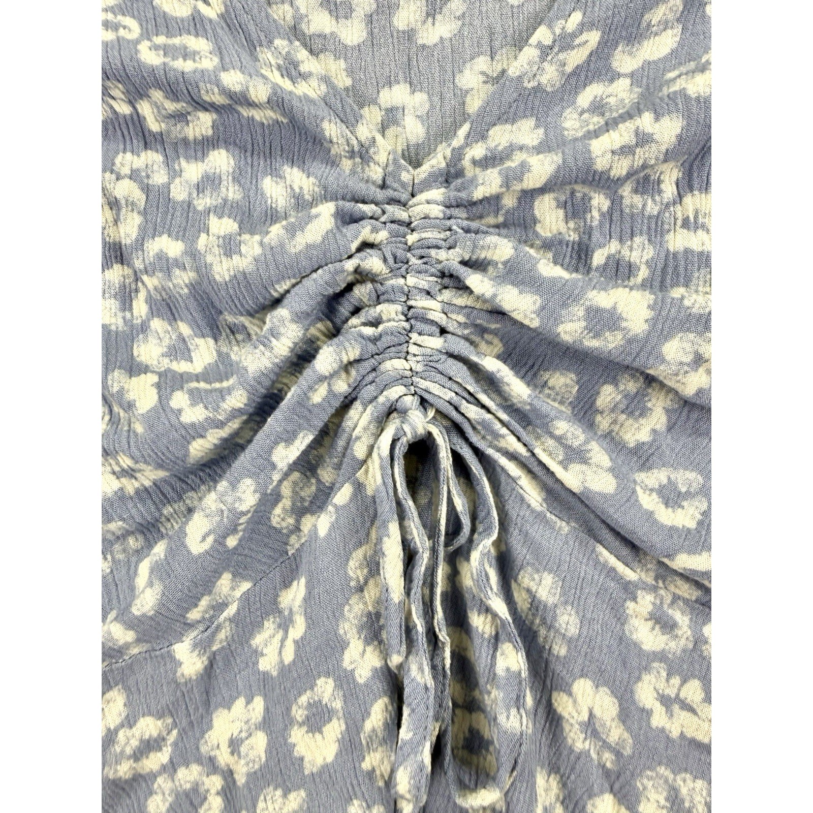 Hem & Thread Blouse Top L Blue Floral Ruched Drawstring Bust Flutter Sleeve Boho