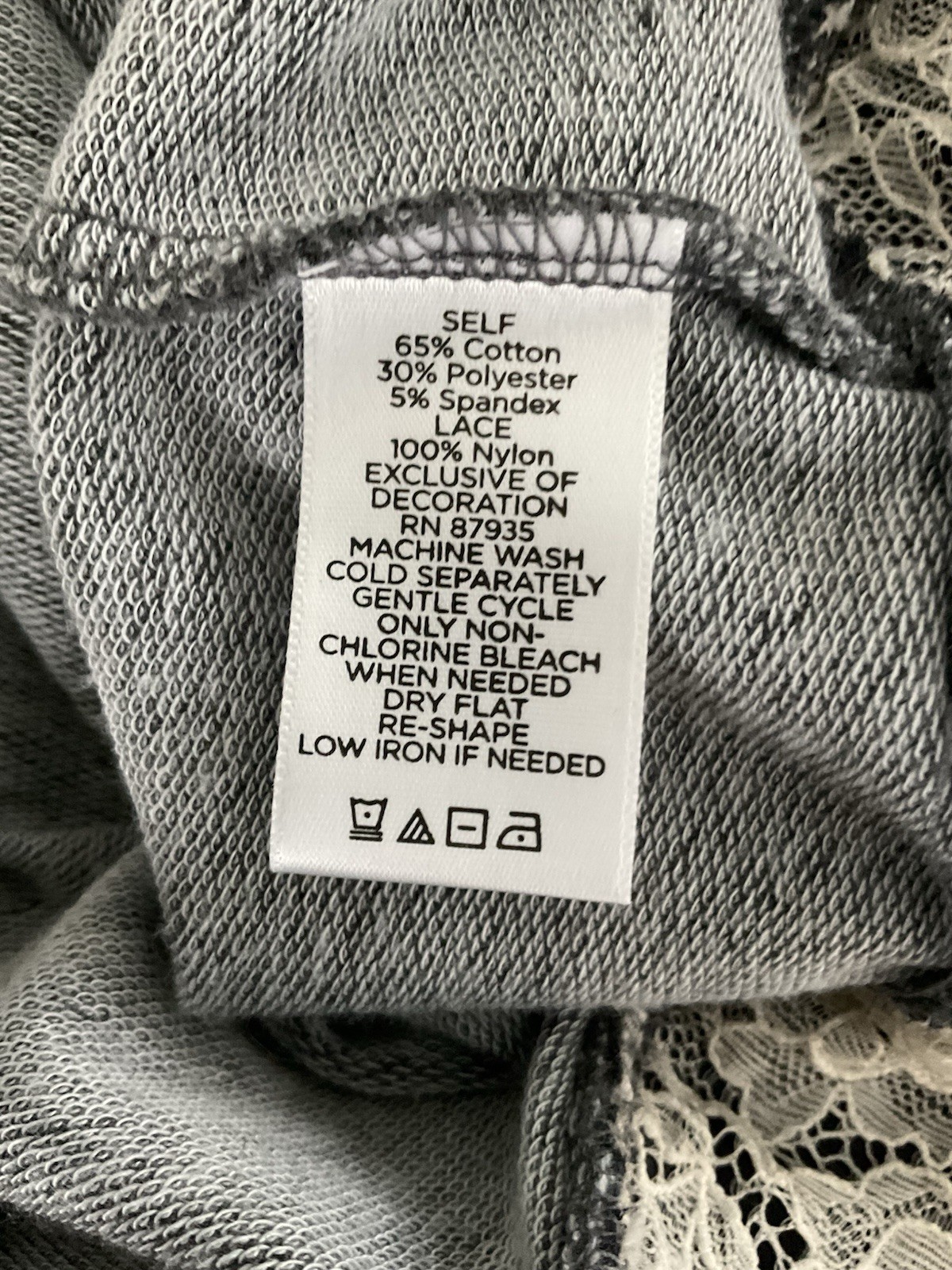 LOGO Lounge by Lori Goldstein French Terry Top w/Chiffon & Lace Hem, Small, Grey